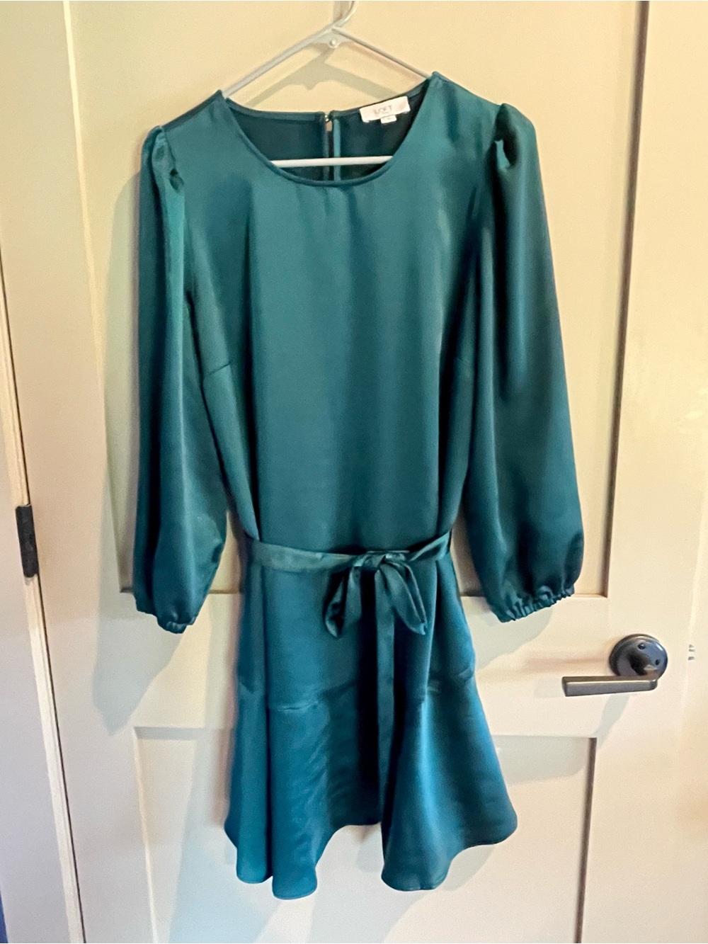 LOFT Teal Shiny Long Sleeve Tie-Waist Dress
